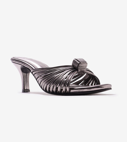 Knotted Strap Stiletto Mule Heels - Gunmetal