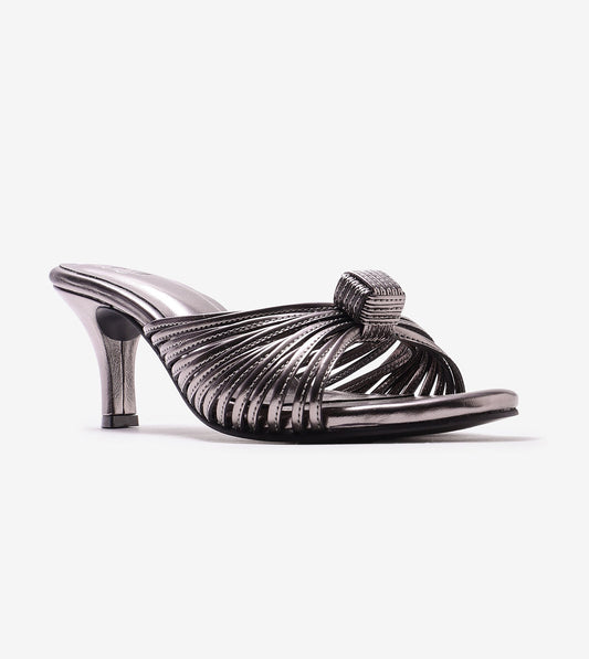Knotted Strap Stiletto Mule Heels - Gunmetal