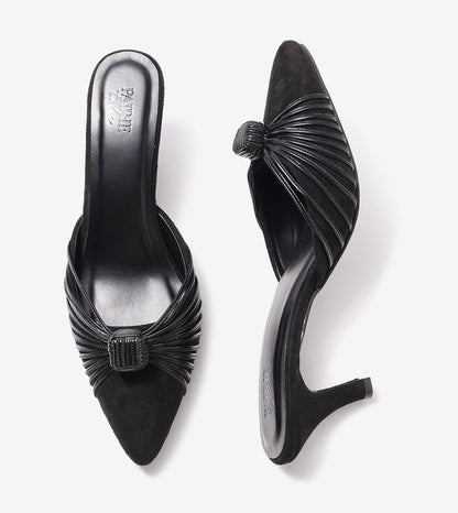 Knotted Pointed Toe Suede Heels - Black