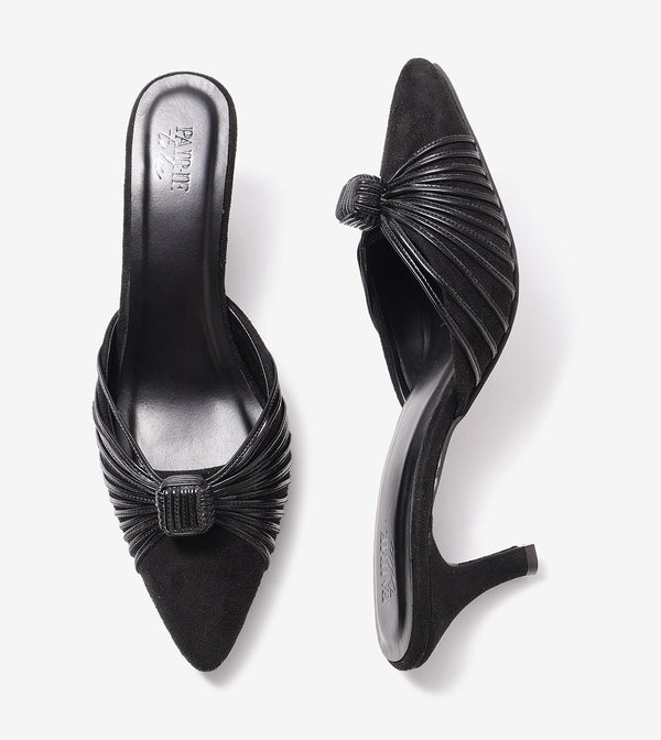 Suede Knotted Stiletto Mules - Black