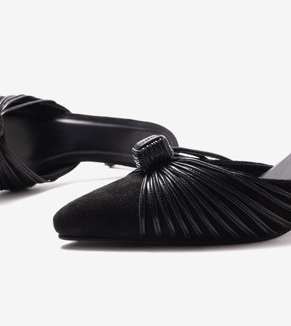 Knotted Pointed Toe Suede Heels - Black