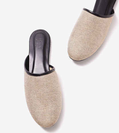 Textured Jute Almond-Toe Mules Flats - Beige