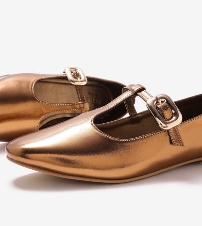 T-Strap Metallic Mary Janes Flats - Antiq