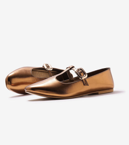 T-Strap Metallic Mary Janes Flats - Antiq