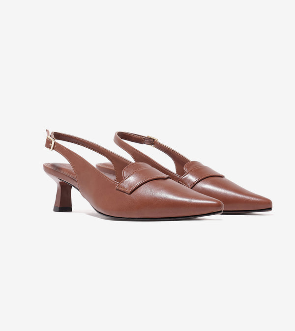 Saddle Strap Slingback Heels - Tan