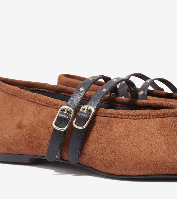 Studded Double-Strap Mary Janes - Tan
