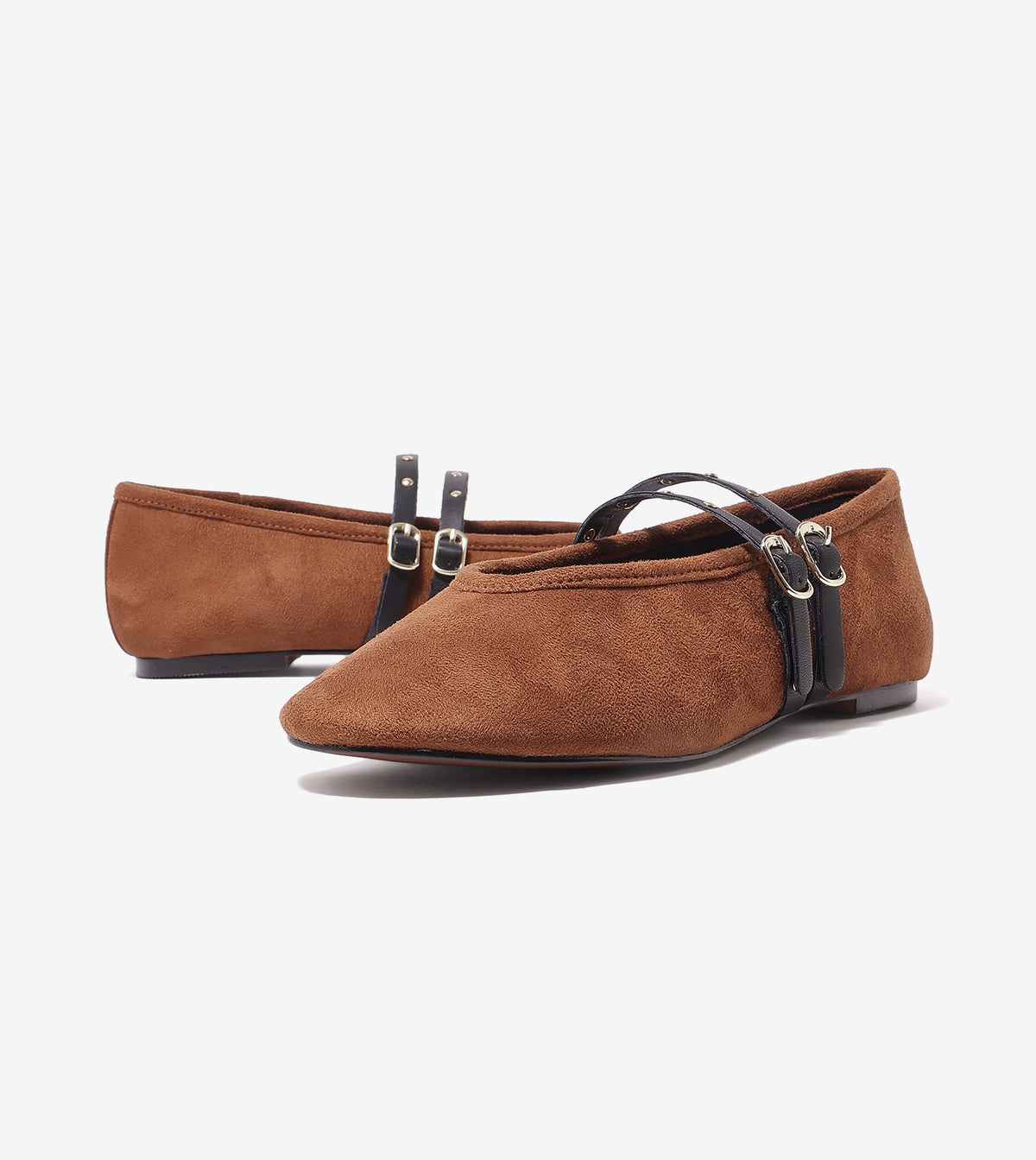 Studded Double-Strap Mary Janes - Tan