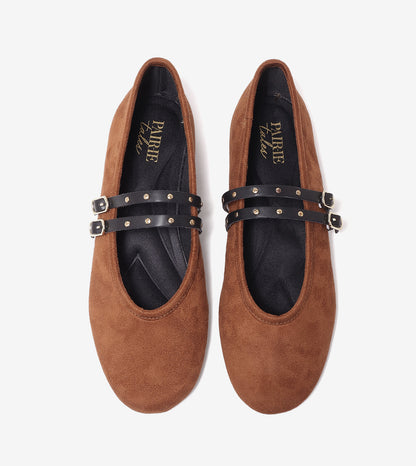 Studded Double-Strap Mary Janes - Tan