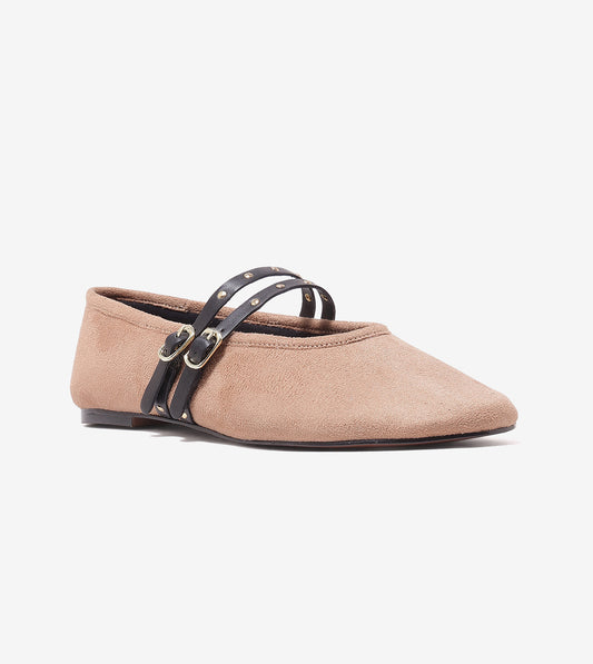 Studded Double-Strap Mary Janes - Beige