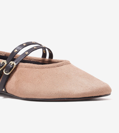 Studded Double-Strap Mary Janes - Beige