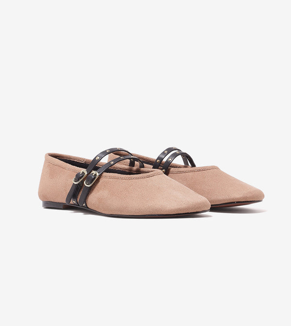 Studded Double-Strap Mary Janes - Beige