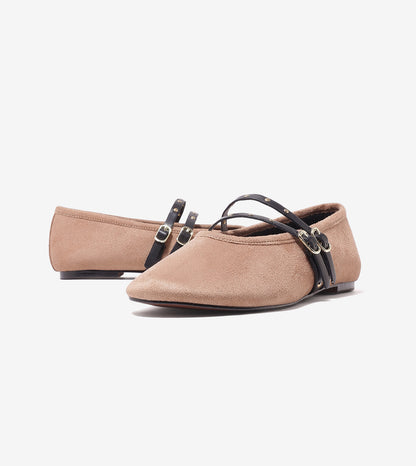 Studded Double-Strap Mary Janes - Beige