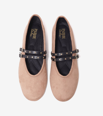 Studded Double-Strap Mary Janes - Beige
