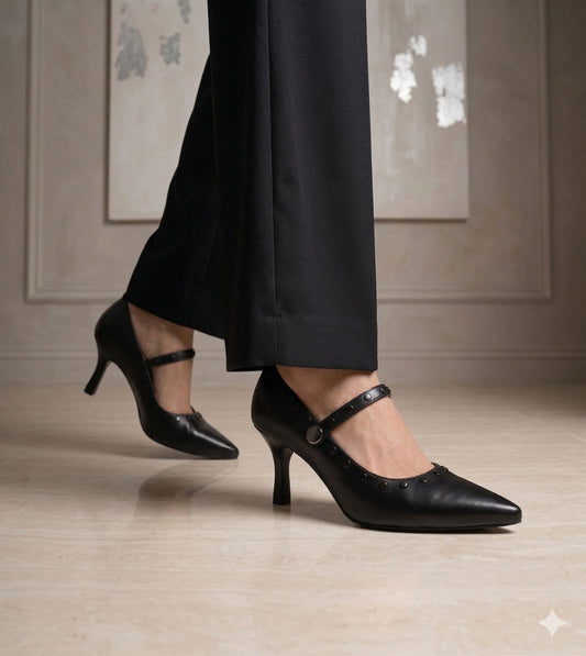 Pointed Toe Studded Mary Jane Pumps - Black