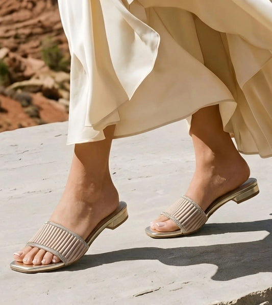 Elegant Pleated Edge Slide Flats - Beige