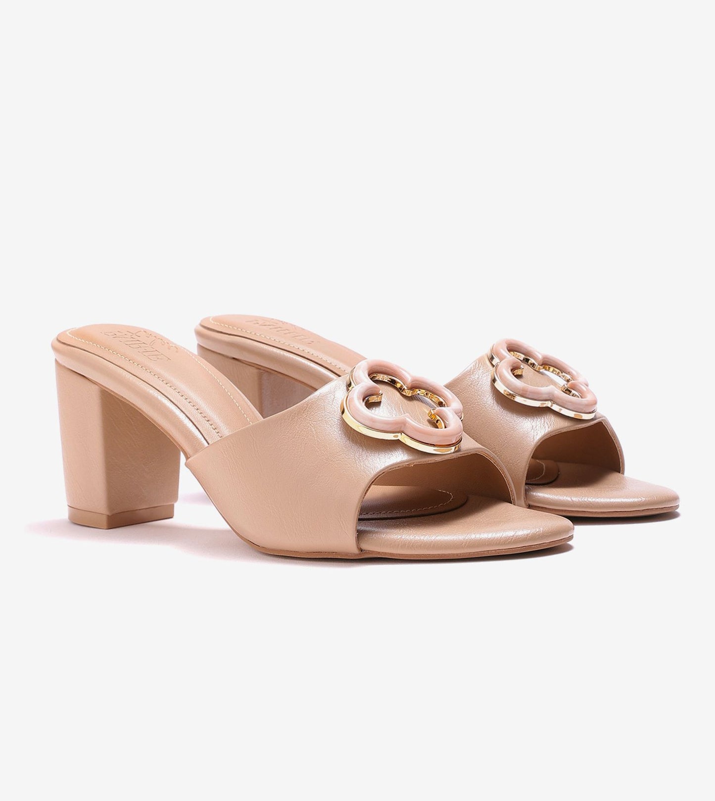 Floral Adornment Block Heeled Sandals - Beige