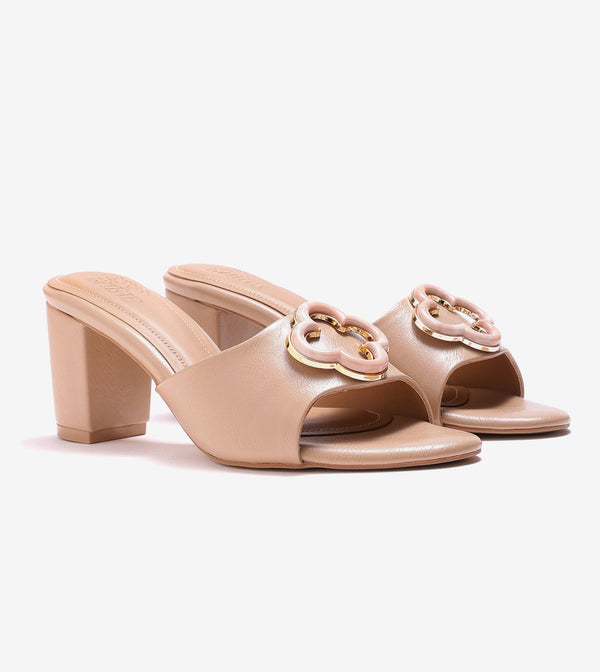 Floral Adornment Block Heeled Sandals - Beige