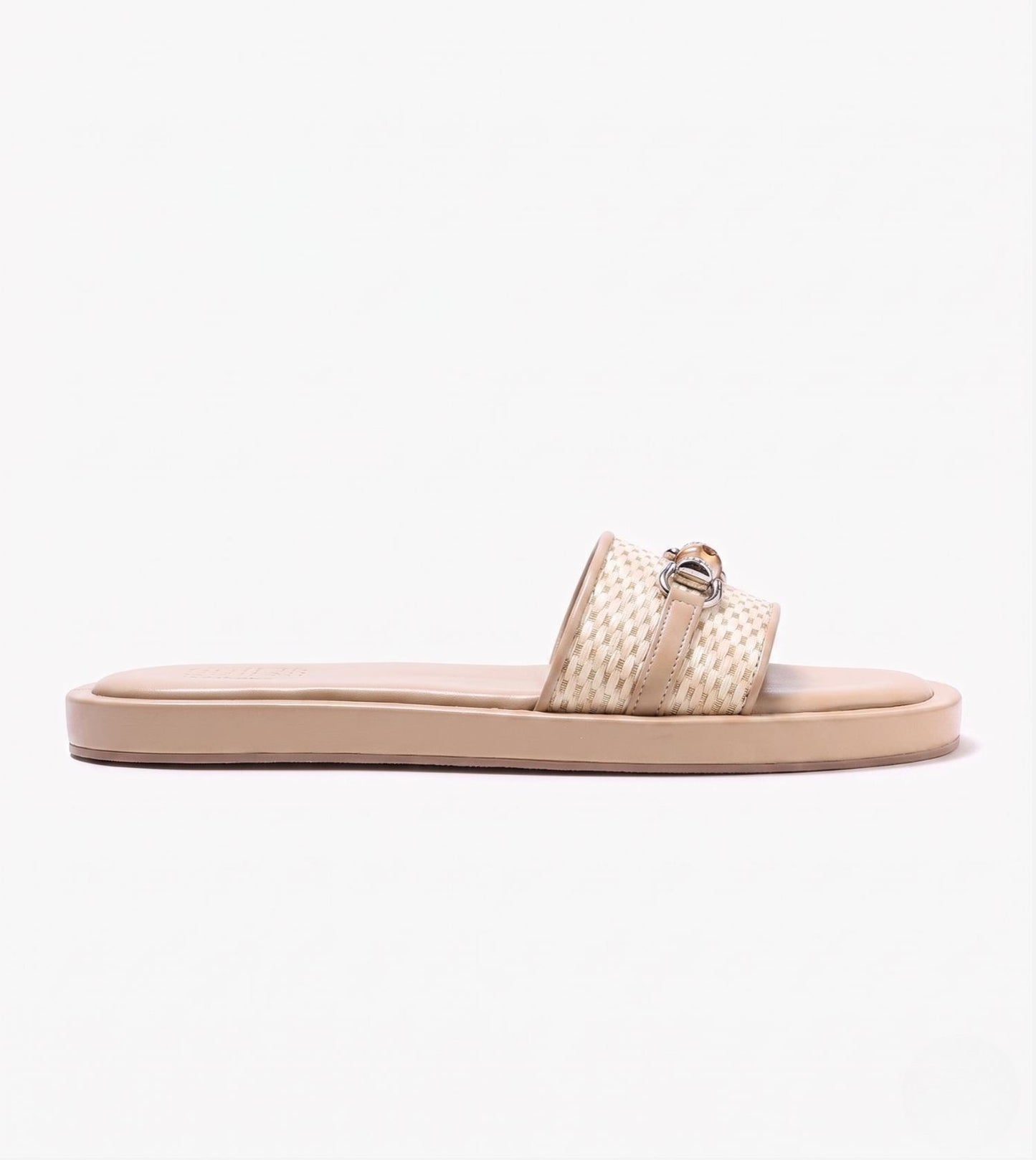 Raffia Slide Flat Sandals With Bamboo Adornment - Beige