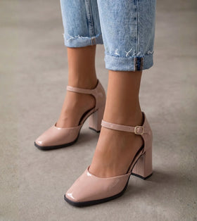 Patent Ankle Strap Block Heels - Nude
