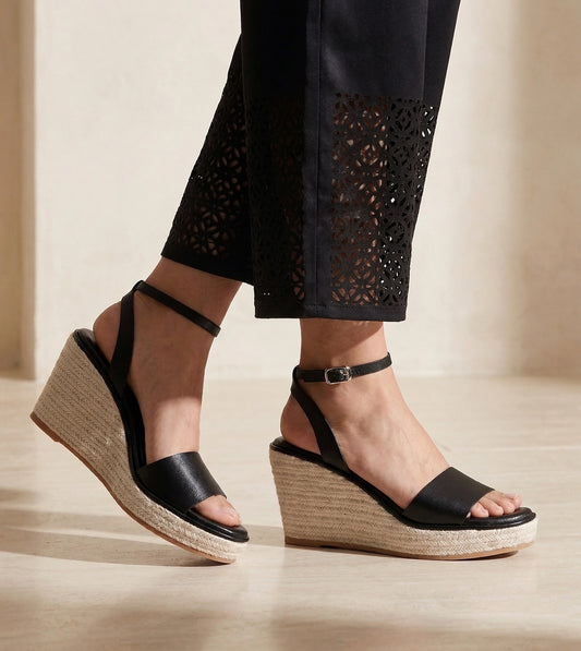 Ankle Strap Espadrille Wedges - Black