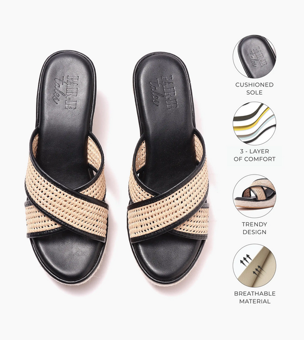 Woven Cross Strap Espadrille Wedges - Black