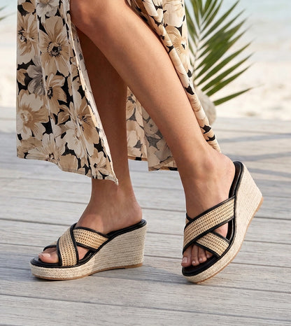 Woven Cross Strap Espadrille Wedges - Black