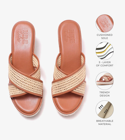 Woven Cross Strap Espadrille Wedges - Tan