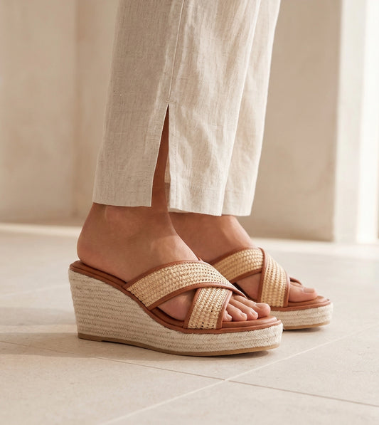 Woven Cross Strap Espadrille Wedges - Tan