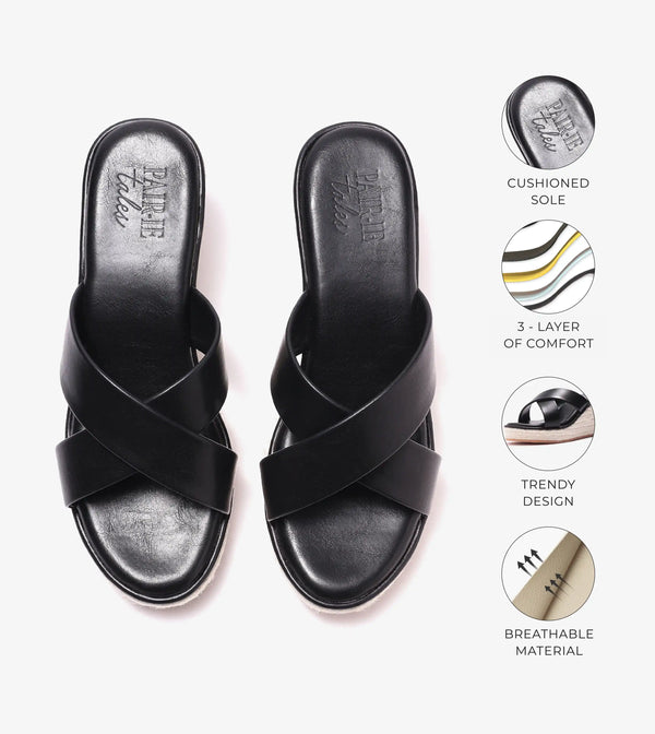 Cross Strap Metal Embellished Espadrille Wedges - Black