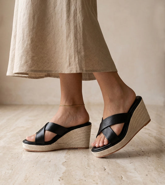 Cross Strap Metal Embellished Espadrille Wedges - Black