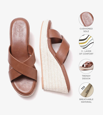 Cross Strap Espadrille Wedges - Brown
