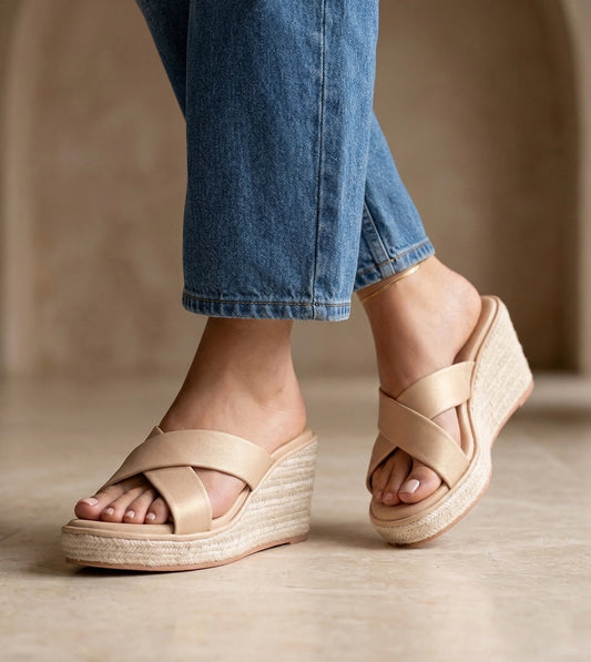 Cross Strap Espadrille Wedges - Cream