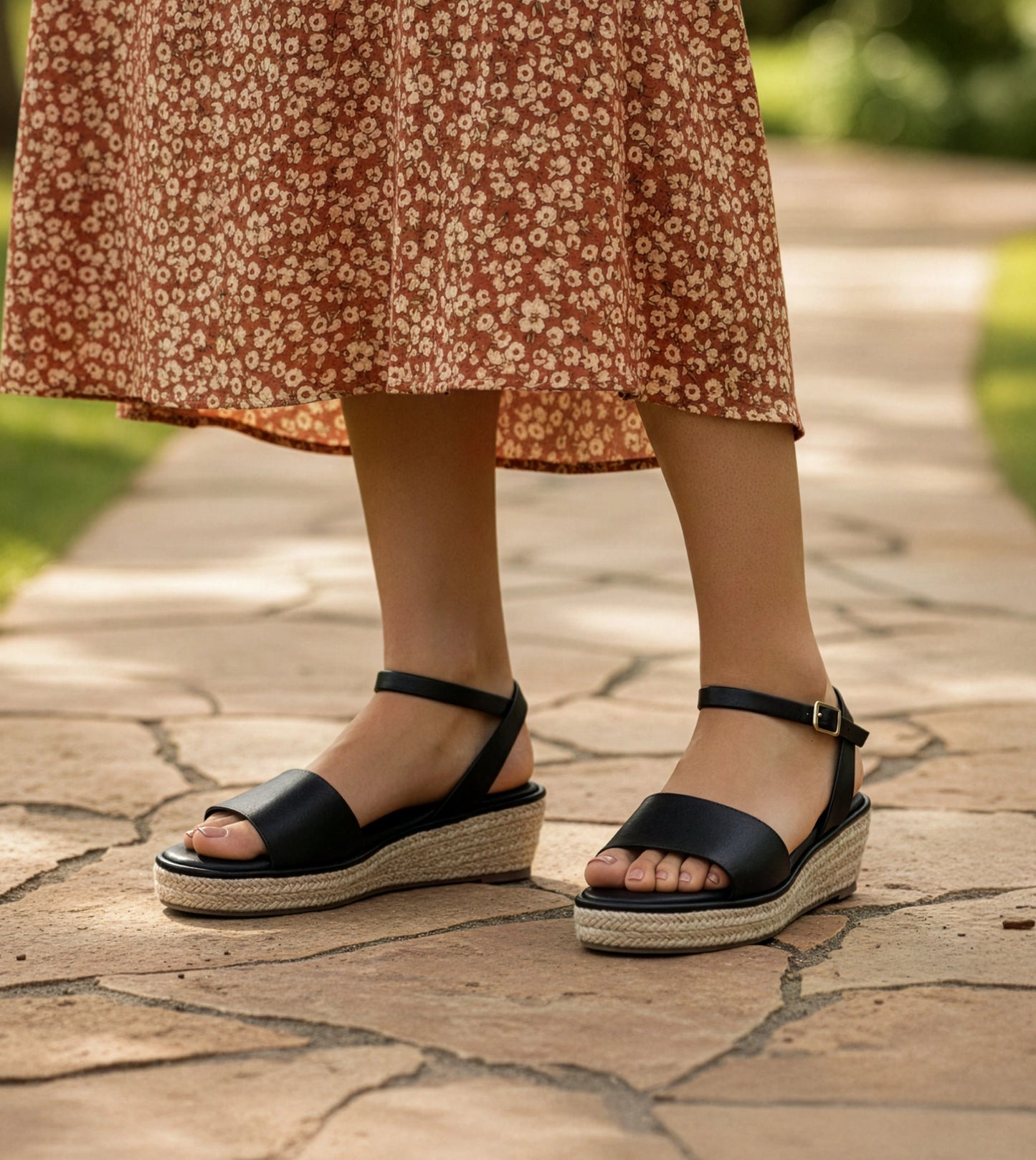 Espadrille Wedges with Ankle Strap - Black
