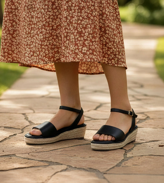 Espadrille Wedges with Ankle Strap - Black
