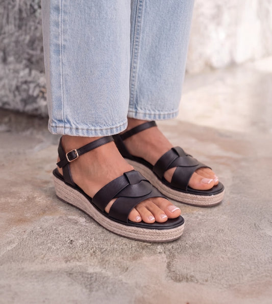 Double-Band Slide Wedges Ankle Strap - Black