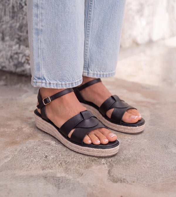 Double-Band Slide Wedges Ankle Strap - Black