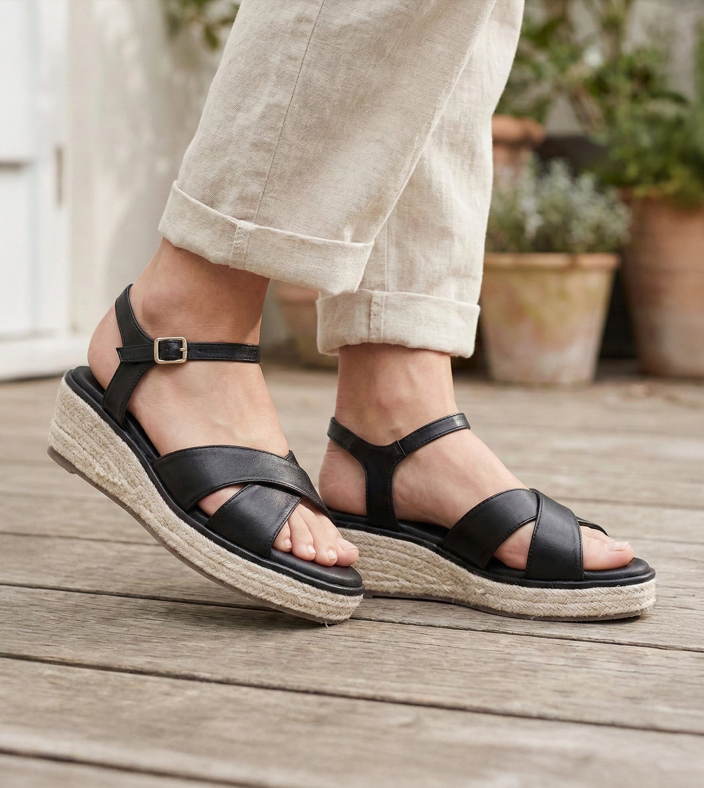 Cross-Strap Espadrille Wedges with Ankle Strap - Black