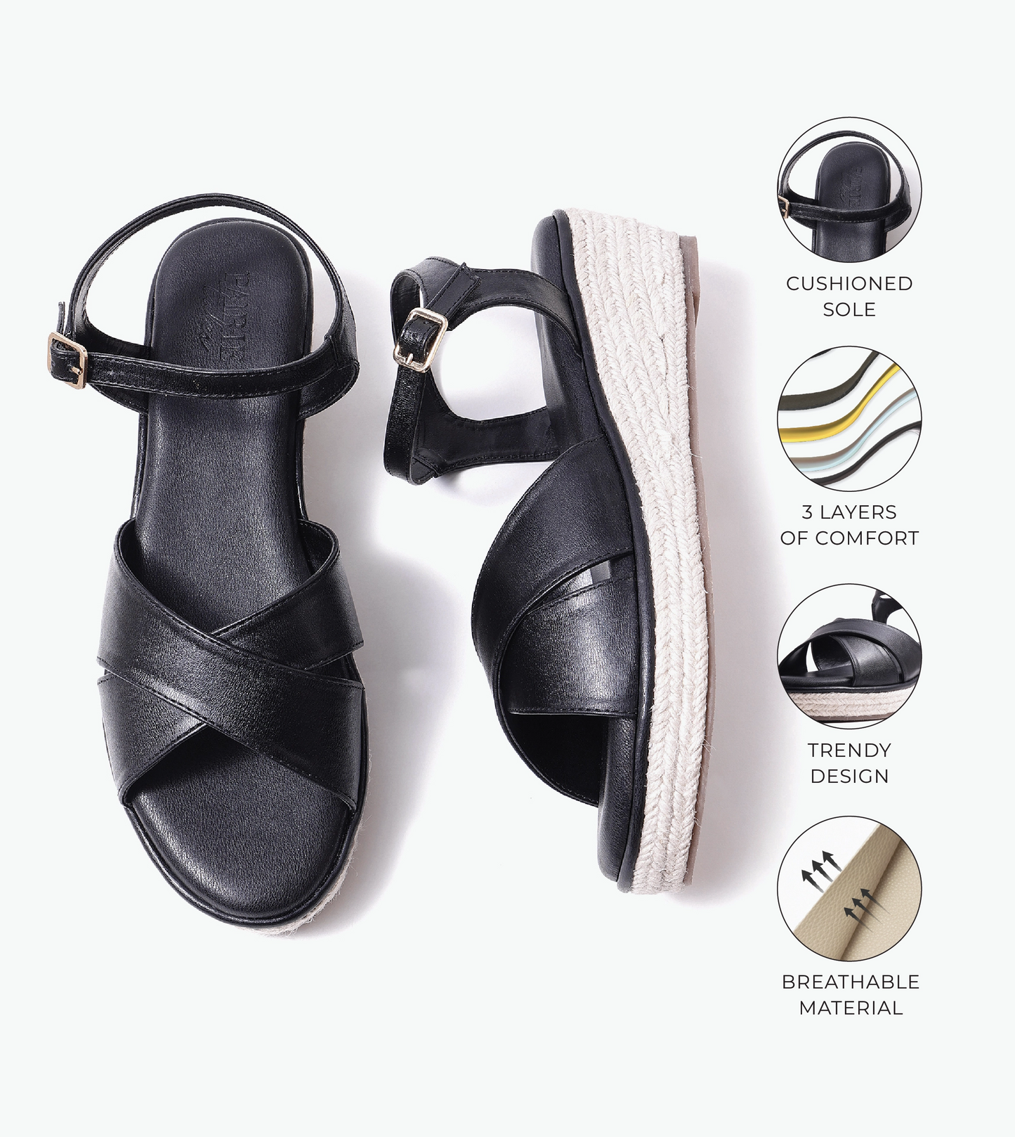 Cross-Strap Espadrille Wedges with Ankle Strap - Black