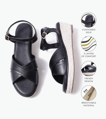 Cross-Strap Espadrille Wedges with Ankle Strap - Black