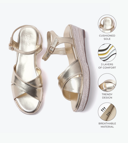 Cross-Strap Espadrille Wedges with Ankle Strap - Light Gold