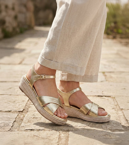 Cross-Strap Espadrille Wedges with Ankle Strap - Light Gold