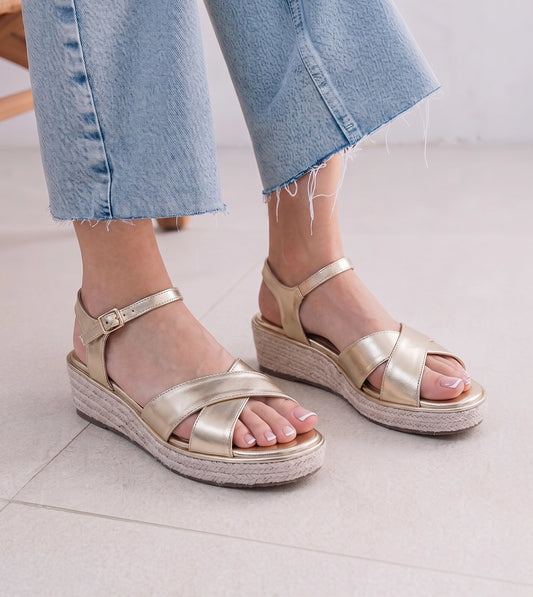 Cross-Strap Espadrille Wedges with Ankle Strap - Light Gold
