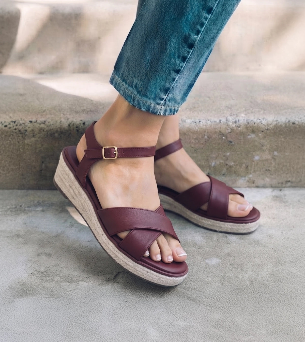 Cross-Strap Espadrille Wedges with Ankle Strap - Maroon
