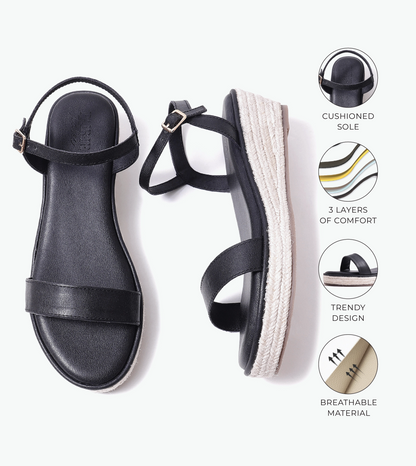 Minimal Two-Strap Platform Espadrille Wedges - Black