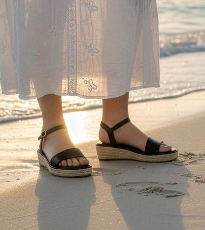 Minimal Two-Strap Platform Espadrille Wedges - Black