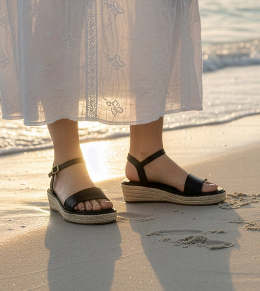 Minimal Two-Strap Platform Espadrille Wedges - Black