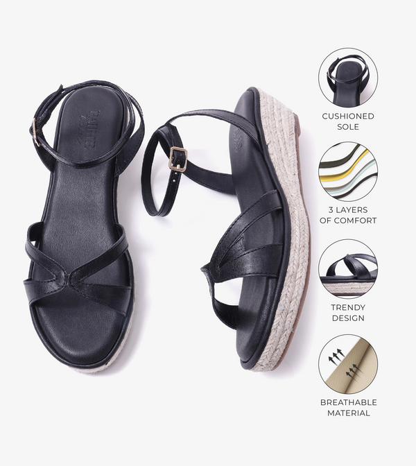 Interlock Detail Ankle Strap Wedges - Black