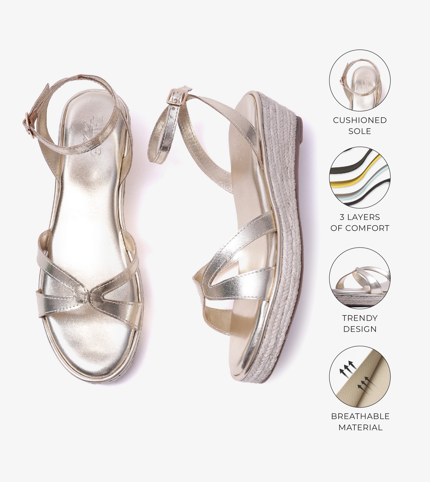 Interlock Detail Ankle Strap Wedges - Light Gold
