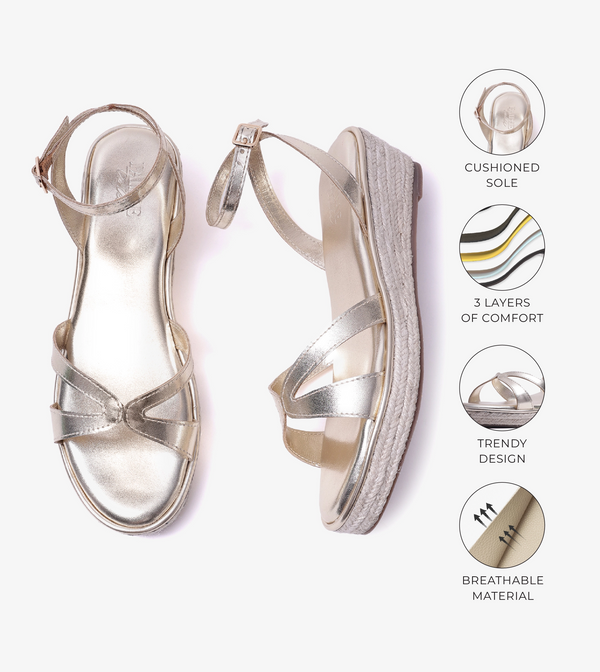 Interlock Detail Ankle Strap Wedges - Light Gold