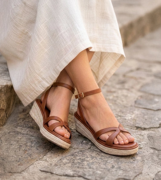 Interlock Detail Ankle Strap Wedges - Tan